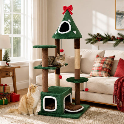 137 cm Christmas Cat Tree with 2 Condos & Removable Cushion-Green