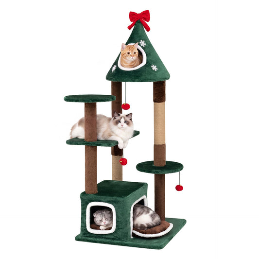 137 cm Christmas Cat Tree with 2 Condos & Removable Cushion-Green