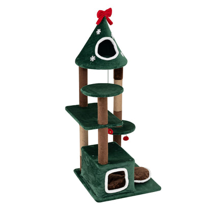 137 cm Christmas Cat Tree with 2 Condos & Removable Cushion-Green