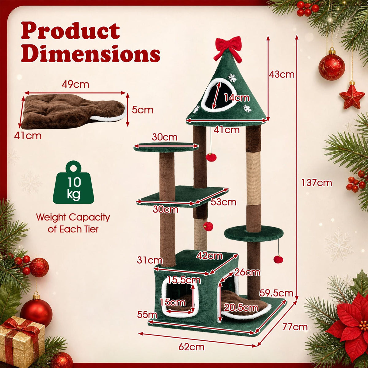137 cm Christmas Cat Tree with 2 Condos & Removable Cushion-Green