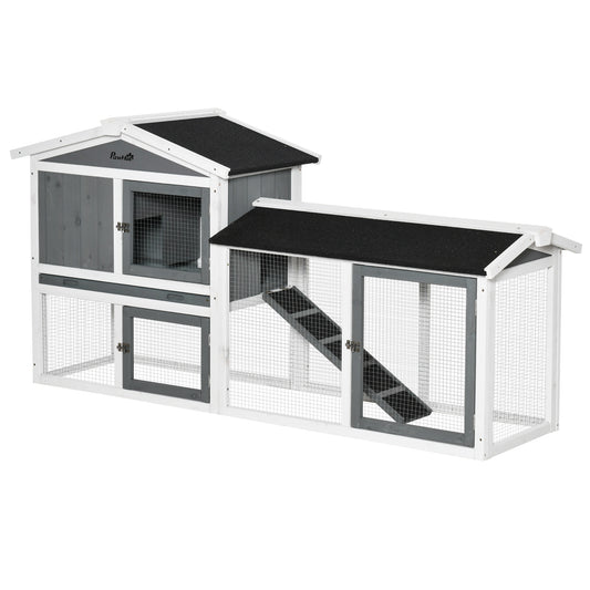 PawHut Rabbit Hutch Outdoor, 2-poziomowa klatka dla świnki morskiej, drewniany domek dla małych zwierząt z wybiegiem dla królików, wysuwana taca, rampa, 175,8 x 52 x 85,5 cm, biały