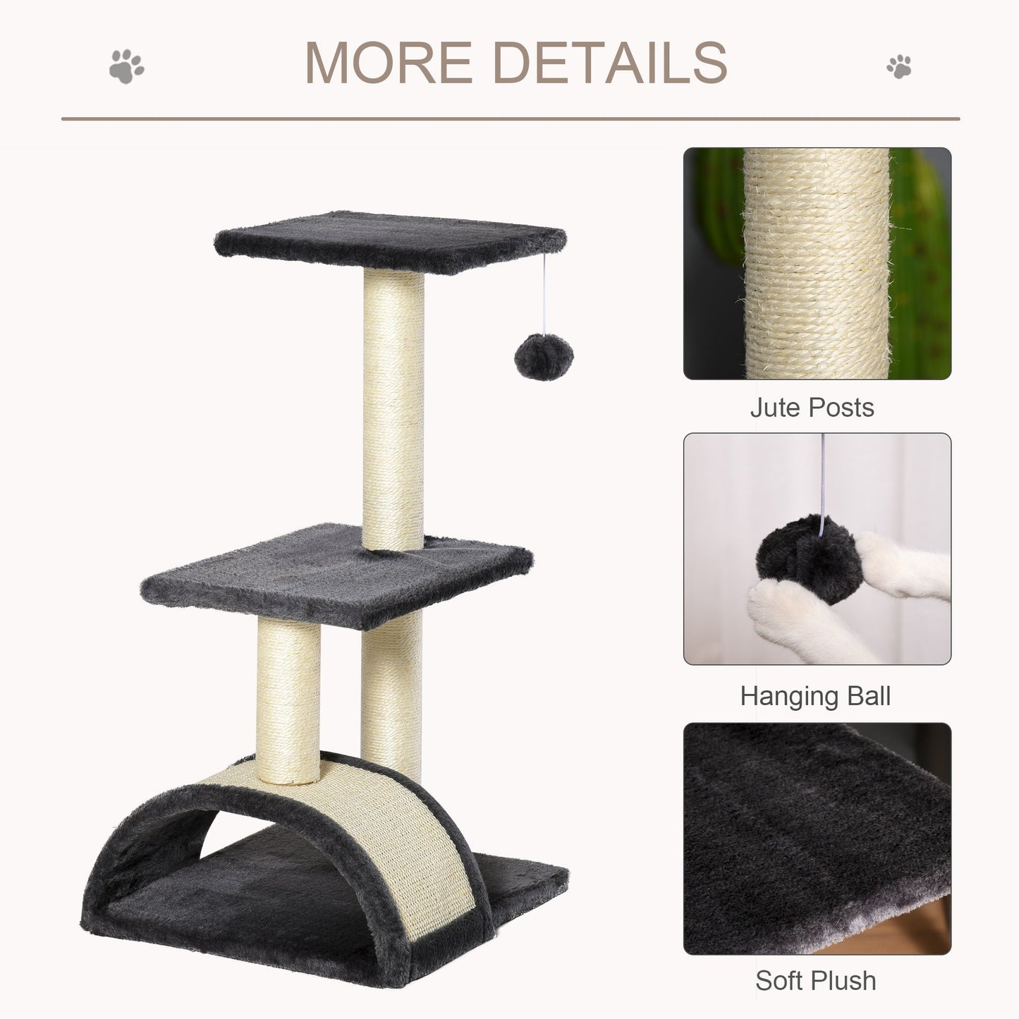 PawHut Cat tree Tower 72cm Climbing Activity Centre Kitten with Sisal Scratching Post Pad Arc Perch Hanging Ball Toy Grey