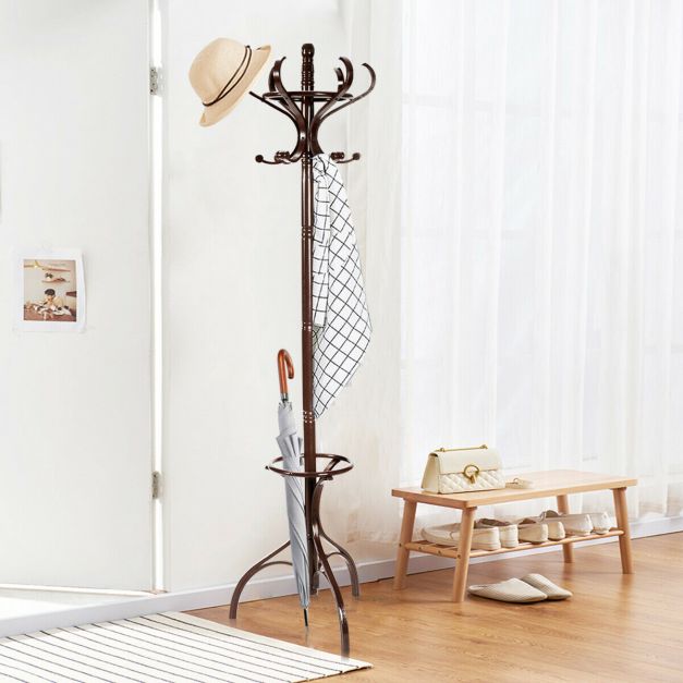 Practical Birch Coat Stand with 360° Rotating Top Tier for Jacket Red-Brown