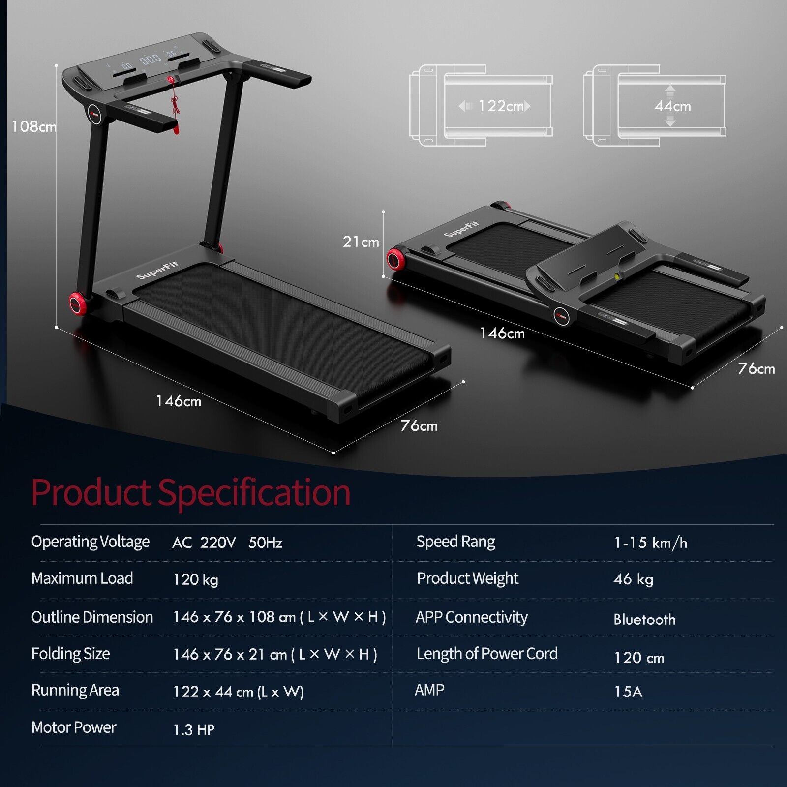 1.3HP Electric Folding Treadmill with 12 Programs - Furniture Gold