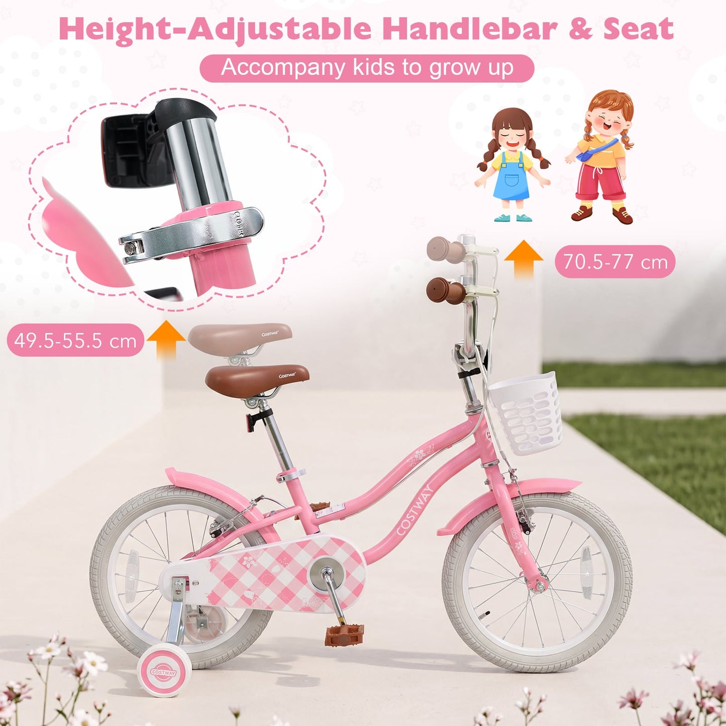 14 Inch Girls Bike with Basket for 3-5 Years Retro Series Peach Pink