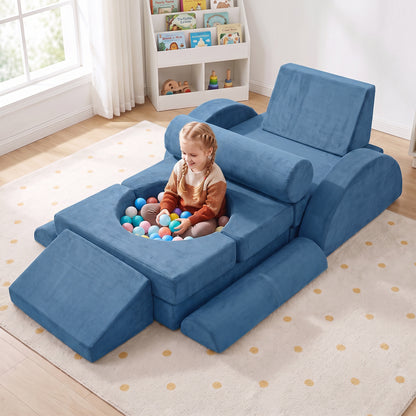 14-Piece Modular Kids Play Couch with Removable Cover-Blue