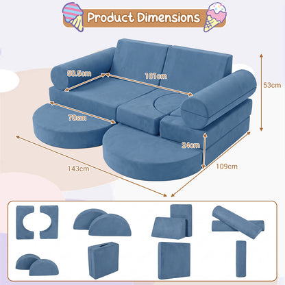 14-Piece Modular Kids Play Couch with Removable Cover-Blue