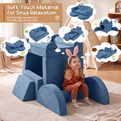 14-Piece Modular Kids Play Couch with Removable Cover-Blue