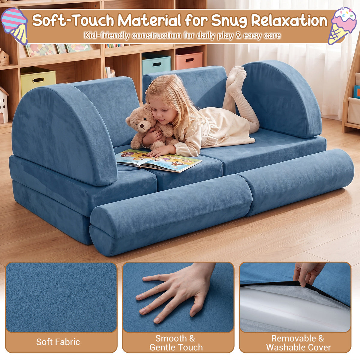 14-Piece Modular Kids Play Couch with Removable Cover-Blue