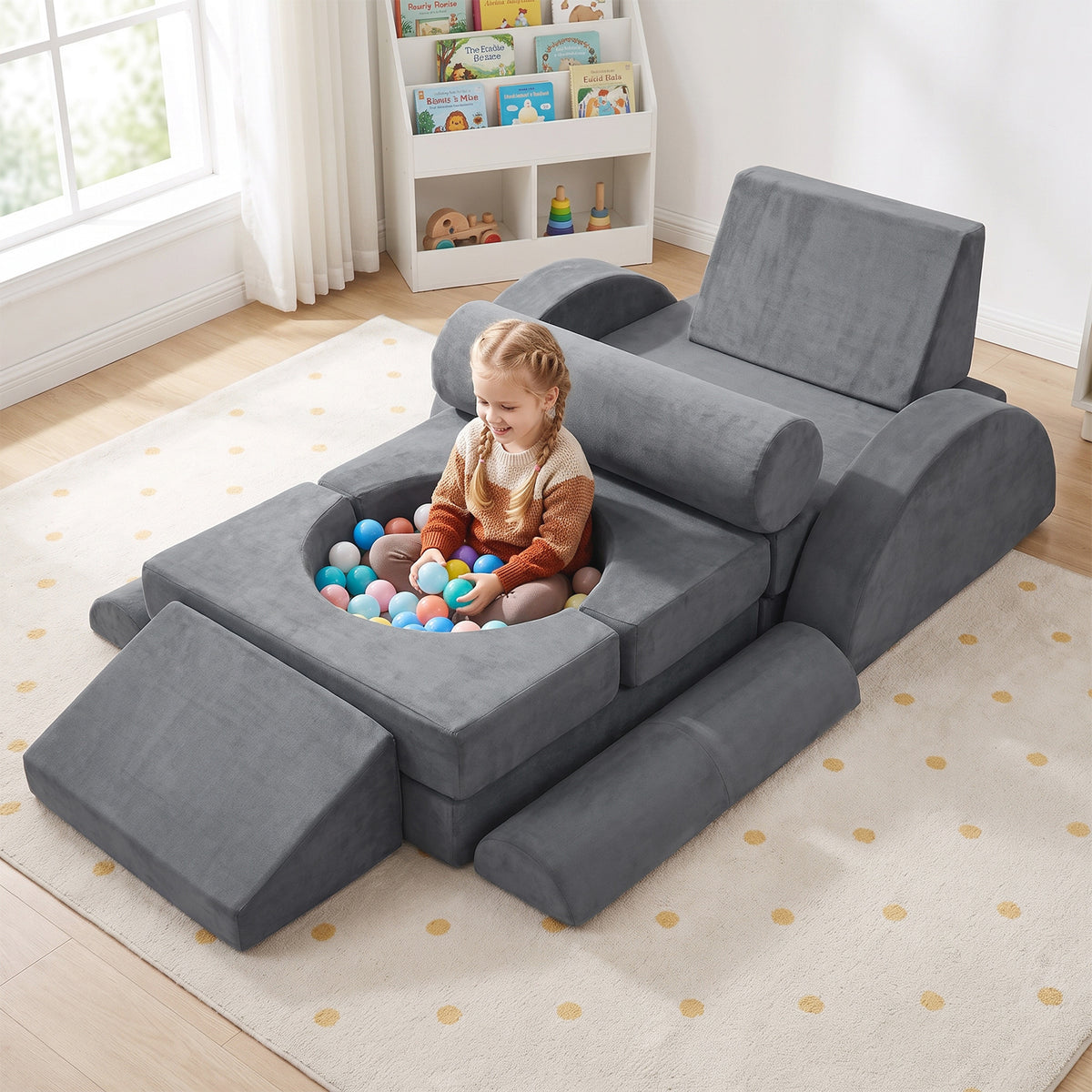 14-Piece Modular Kids Play Couch with Removable Cover-Grey