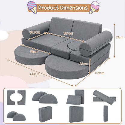 14-Piece Modular Kids Play Couch with Removable Cover-Grey