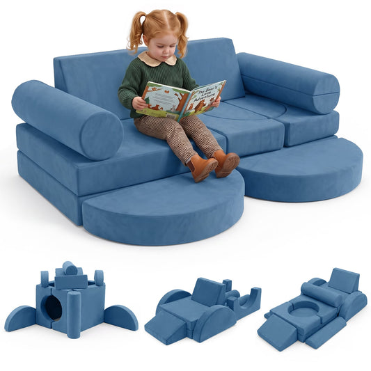 14-Piece Modular Kids Play Couch with Removable Cover in Blue