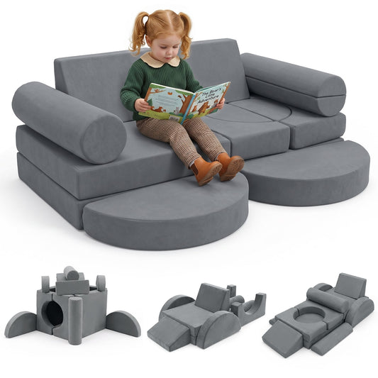 14-Piece Modular Kids Play Couch with Removable Cover in Grey