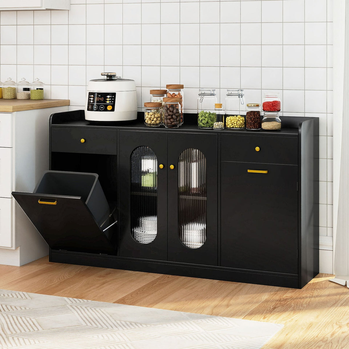 140 cm Buffet Cabinet with Tilt Out Trash Can and Glass Doors and Drawers for Kitchen-Black