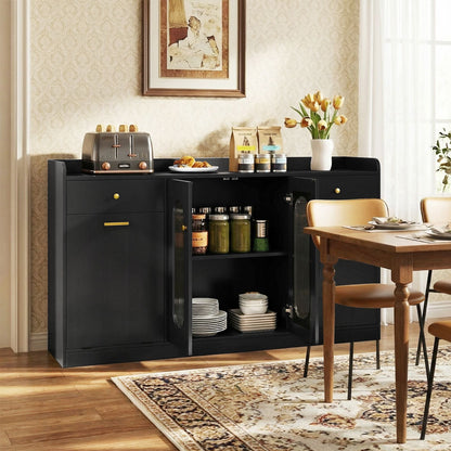 140 cm Buffet Cabinet with Tilt Out Trash Can and Glass Doors and Drawers for Kitchen-Black
