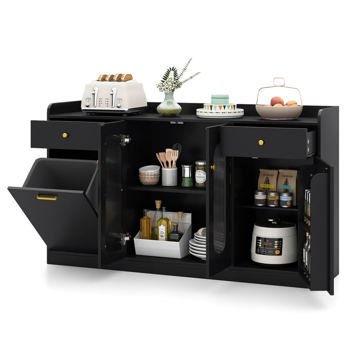 140 cm Buffet Cabinet with Tilt Out Trash Can and Glass Doors and Drawers for Kitchen-Black