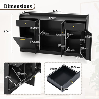 140 cm Buffet Cabinet with Tilt Out Trash Can and Glass Doors and Drawers for Kitchen-Black