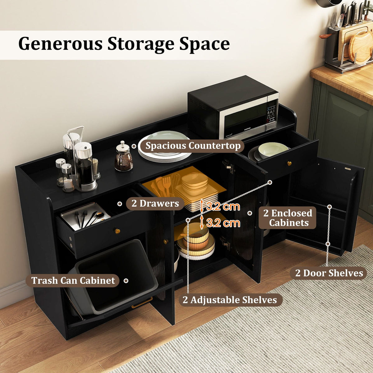 140 cm Buffet Cabinet with Tilt Out Trash Can and Glass Doors and Drawers for Kitchen-Black