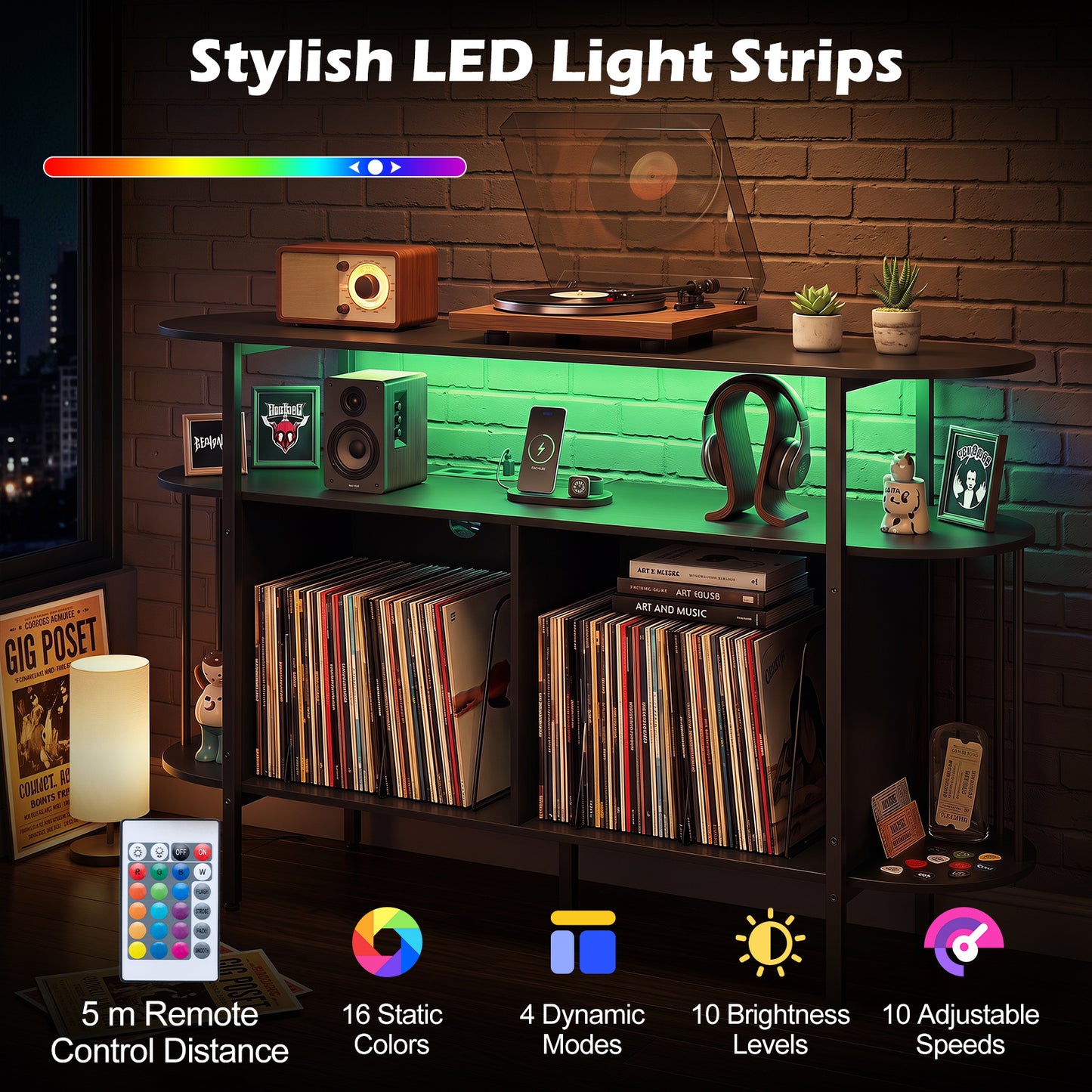 140 cm Record Player Stand with LED Lights & Power Outlets and 6 Dividers for Indoor-Black