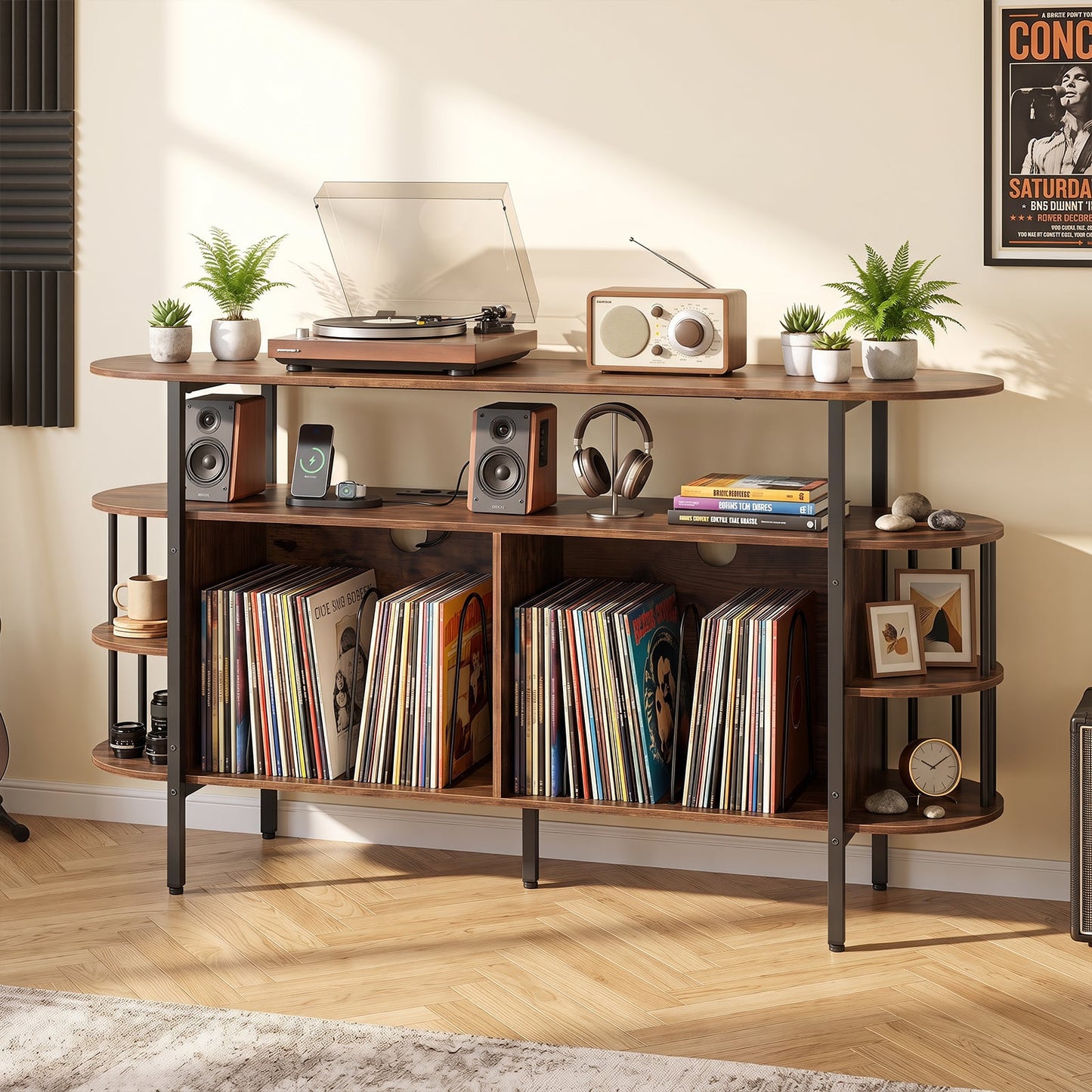 140 cm Record Player Stand with LED Lights & Power Outlets and 6 Dividers for Indoor-Rustic Brown