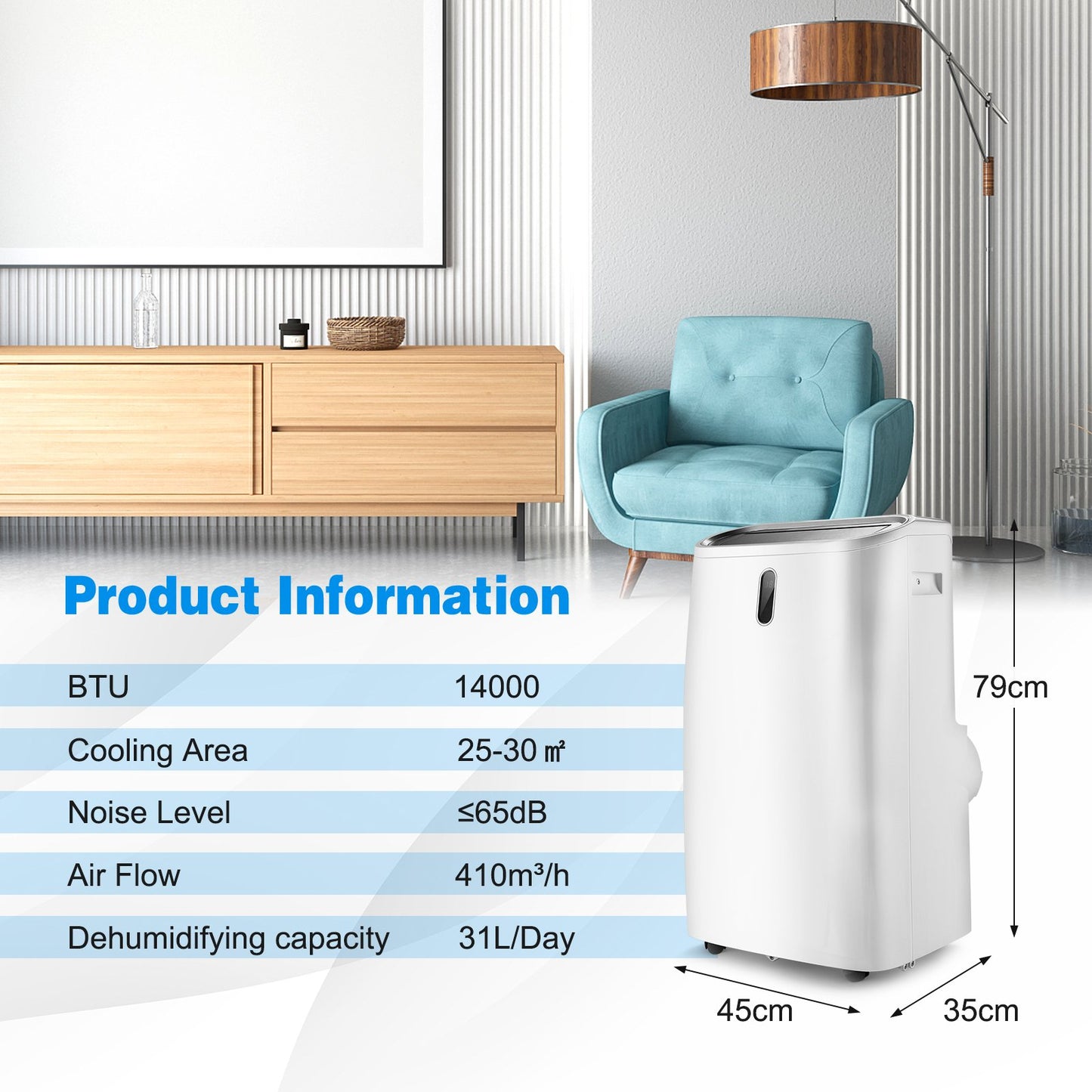 14000 BTU 4-in-1 Portable Air Conditioner with Remote Control and Sleep Mode-White