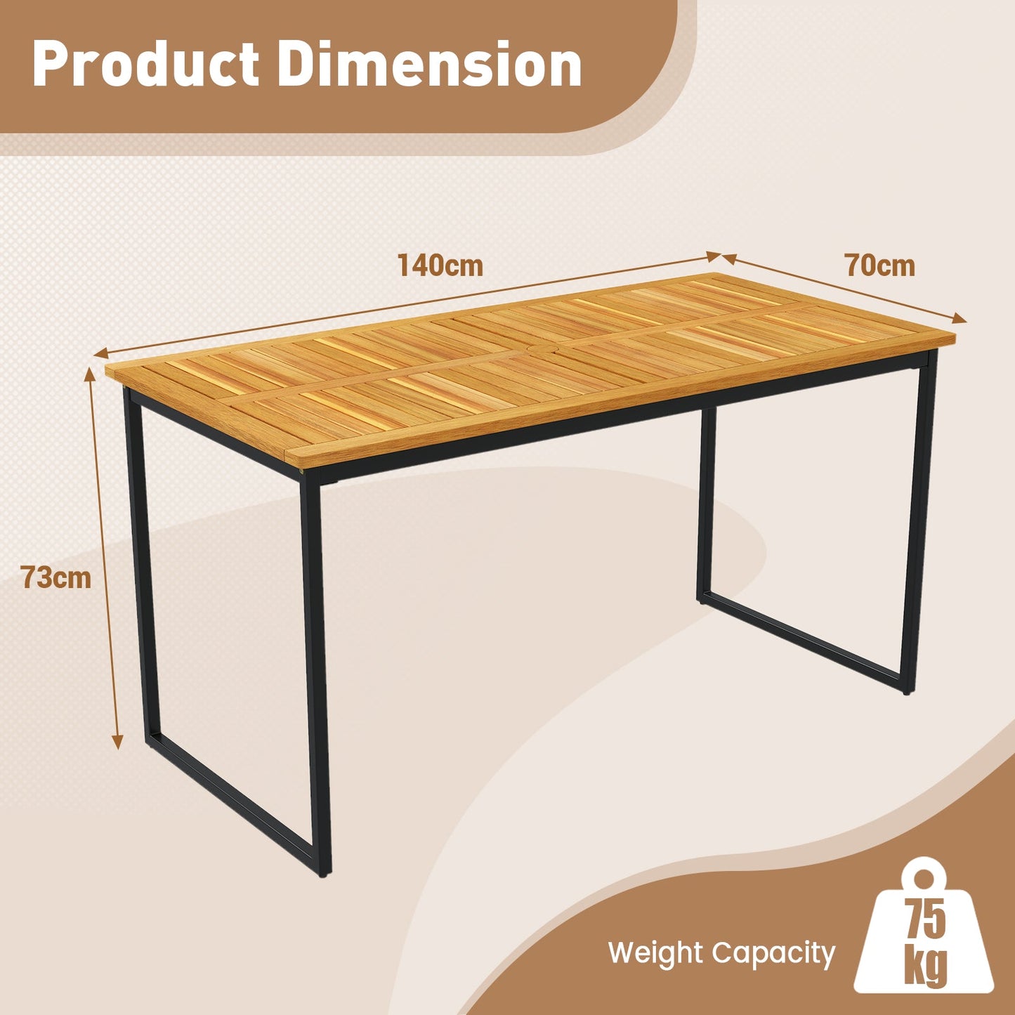 140 x 70cm Acacia Wood Dining Table for 6 People with Slatted Tabletop