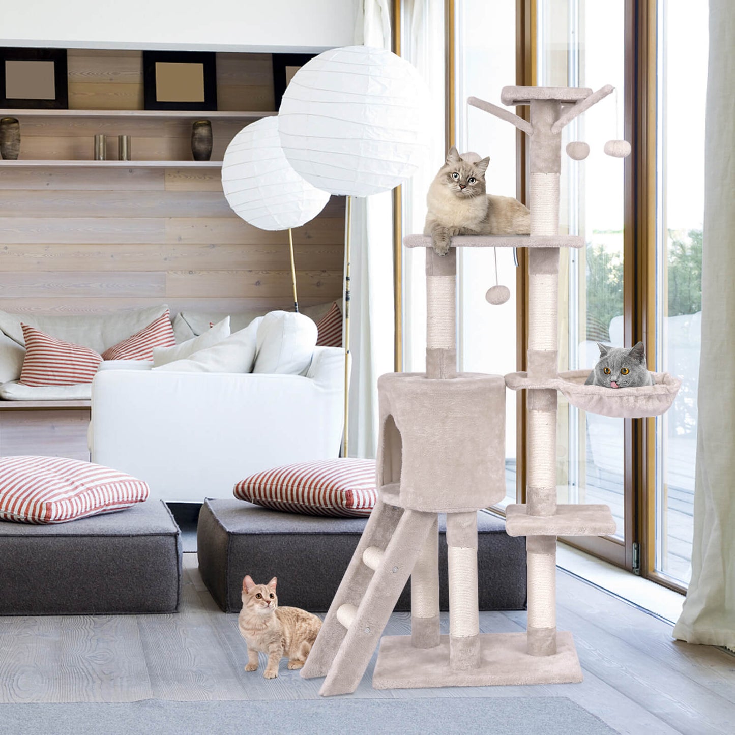 140cm Cat Tree Climbing Tower with Scratching Sisal Posts-Beige