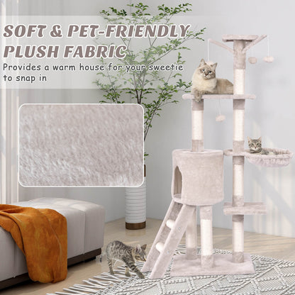 140cm Cat Tree Climbing Tower with Scratching Sisal Posts-Beige