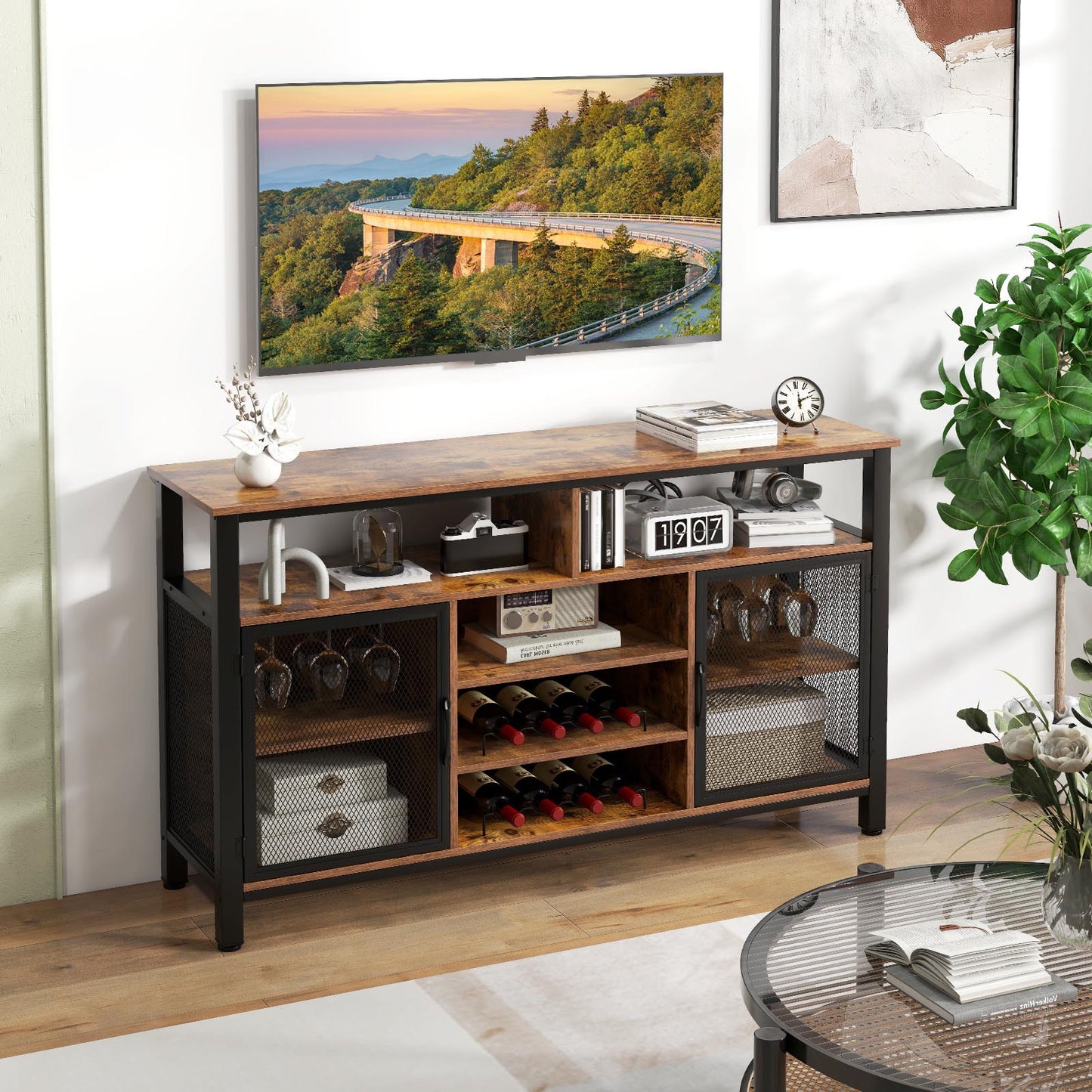 140cm Buffet Sideboard with 8-Bottle Wine Racks and 6 Rows of Wine Glass Holders-Rustic Brown