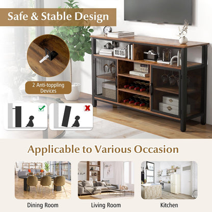 140cm Buffet Sideboard with 8-Bottle Wine Racks and 6 Rows of Wine Glass Holders-Rustic Brown