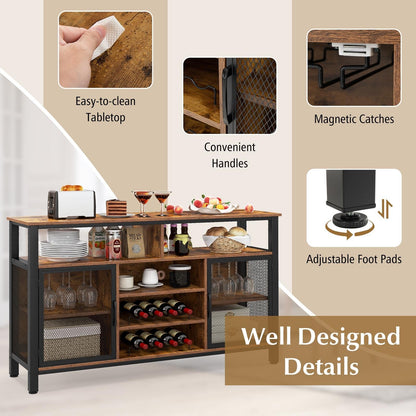 140cm Buffet Sideboard with 8-Bottle Wine Racks and 6 Rows of Wine Glass Holders-Rustic Brown