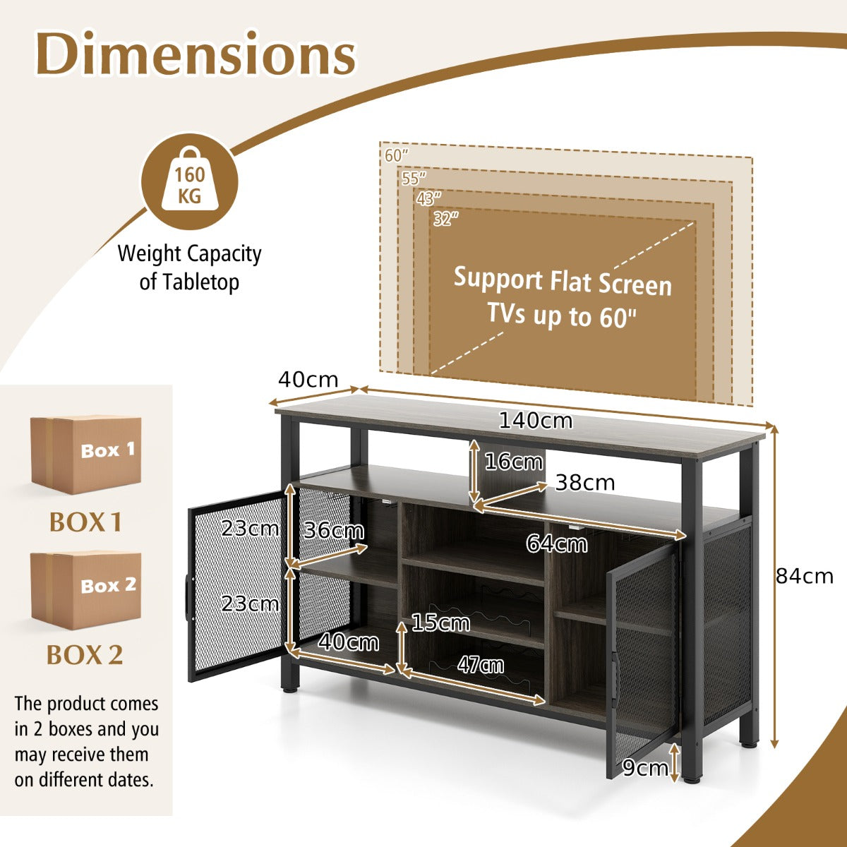 140cm Buffet Sideboard with 8-Bottle Wine Racks and 6 Rows of Wine Glass Holders-Grey