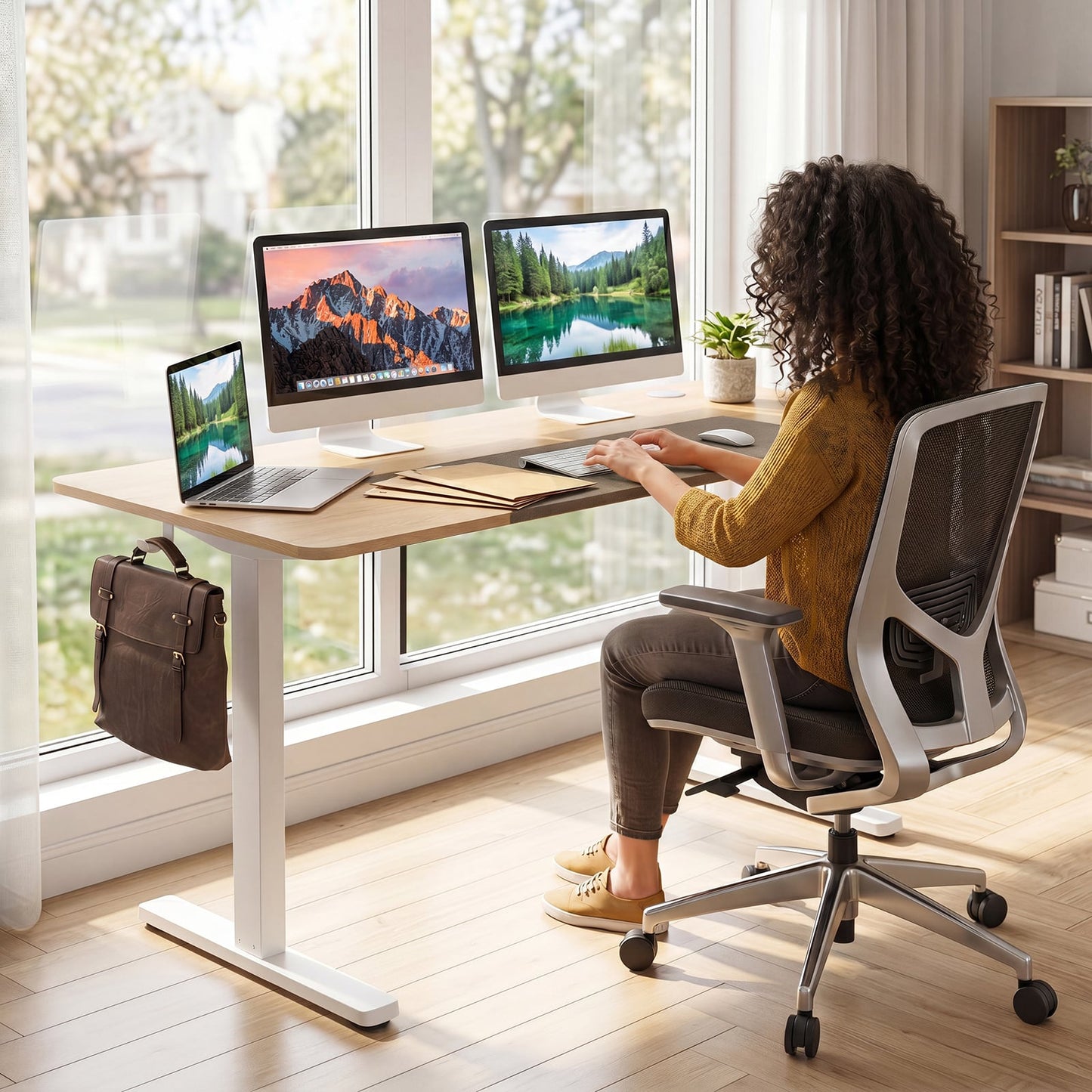 140x60 CM Electric Standing Desk with 3 Memory Heights & LED Panel for Home Office-Natural