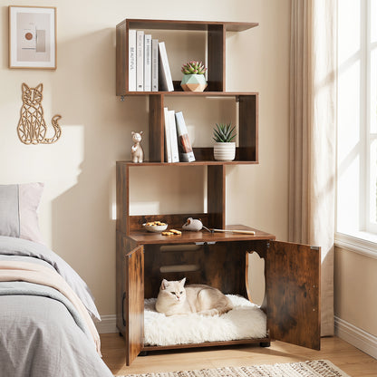 141 CM Tall Cat Litter Box Enclosure with 3 Open Shelves & Side Entry for Indoor-Rustic Brown