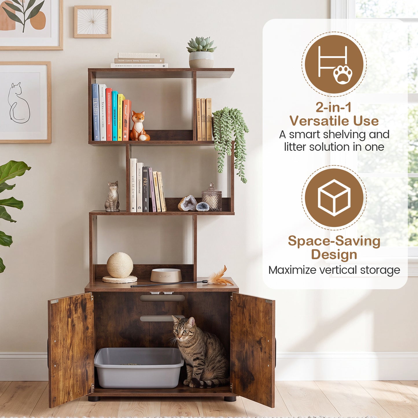 141 CM Tall Cat Litter Box Enclosure with 3 Open Shelves & Side Entry for Indoor-Rustic Brown