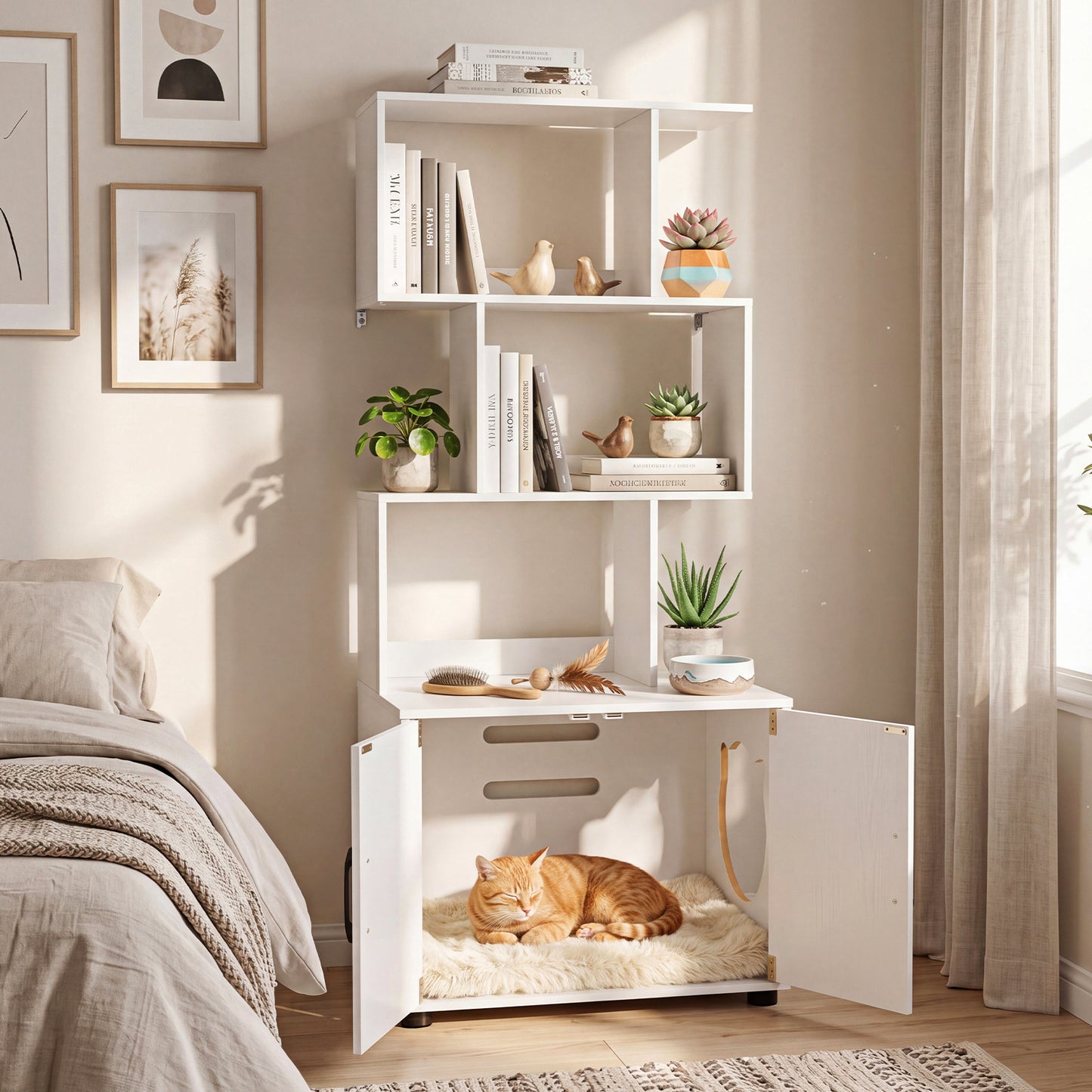 141 CM Tall Cat Litter Box Enclosure with 3 Open Shelves & Side Entry for Indoor-White