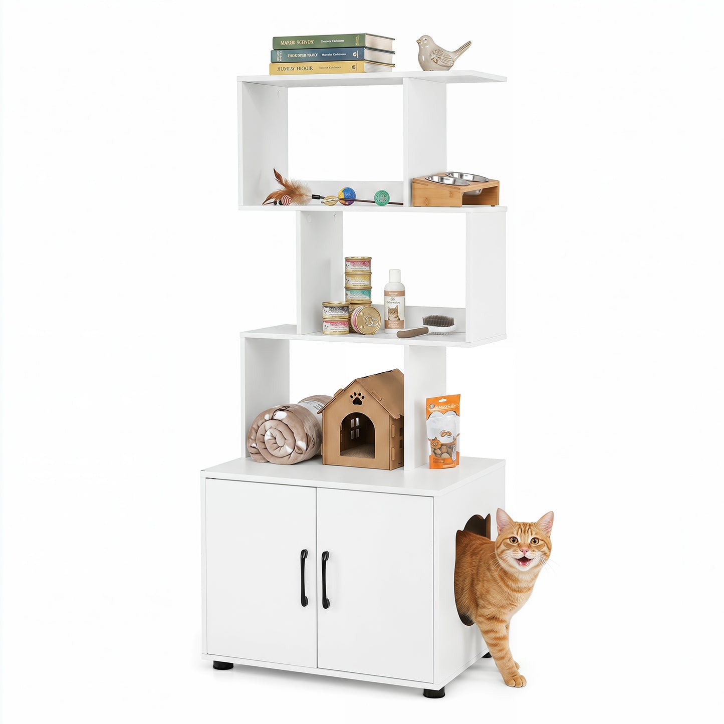 141 CM Tall Cat Litter Box Enclosure with 3 Open Shelves & Side Entry for Indoor-White