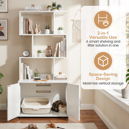 141 CM Tall Cat Litter Box Enclosure with 3 Open Shelves & Side Entry for Indoor-White