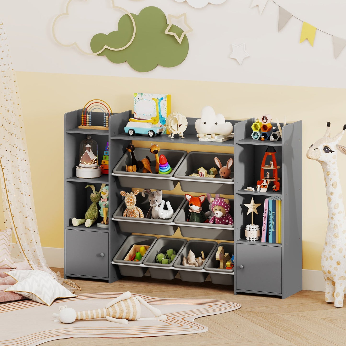 142 cm Large Toy Storage Organizer with 8 Removable Bins and Bookshelf-Grey
