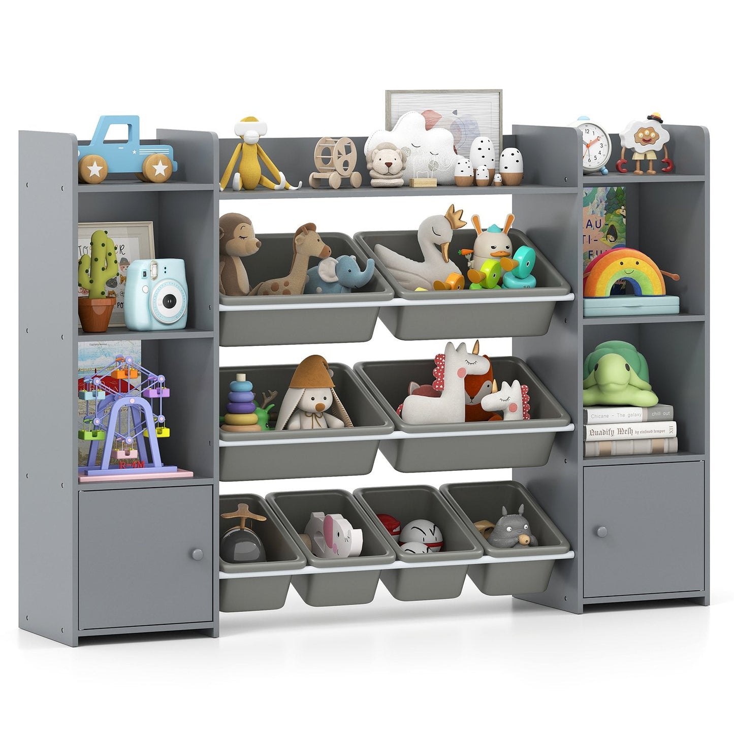 142 cm Large Toy Storage Organizer with 8 Removable Bins and Bookshelf-Grey