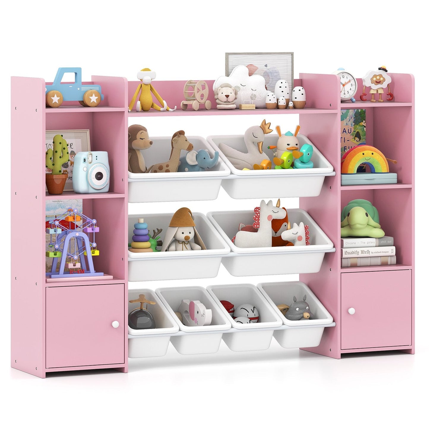 142 cm Large Toy Storage Organizer with 8 Removable Bins and Bookshelf-Pink