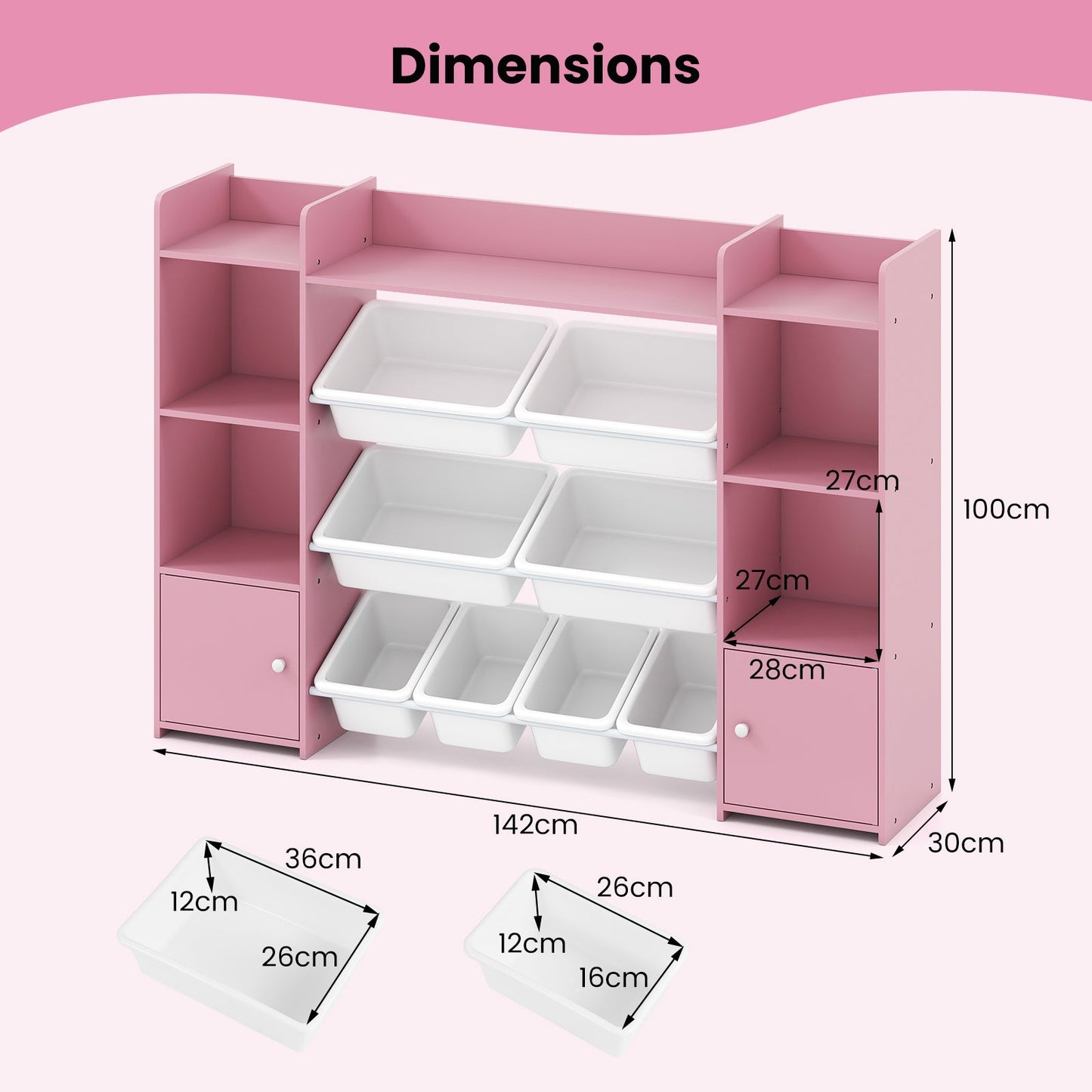 142 cm Large Toy Storage Organizer with 8 Removable Bins and Bookshelf-Pink