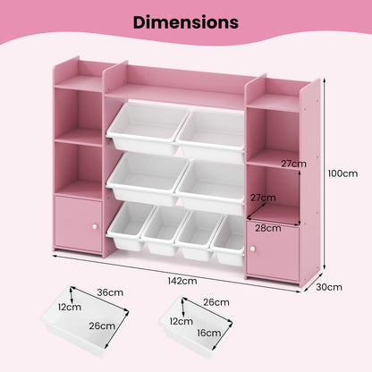 142 cm Large Toy Storage Organizer with 8 Removable Bins and Bookshelf-Pink
