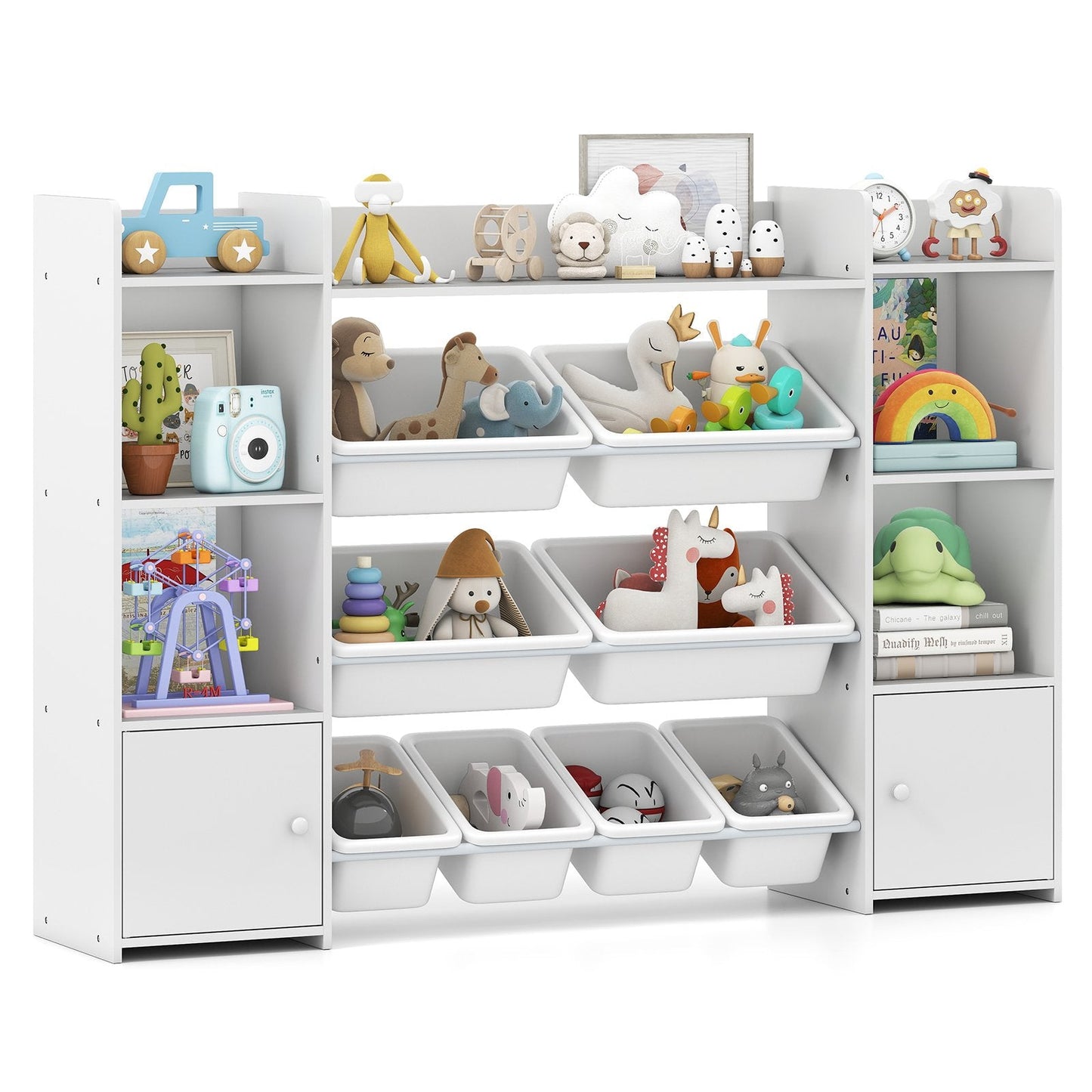 142 cm Large Toy Storage Organizer with 8 Removable Bins and Bookshelf-White