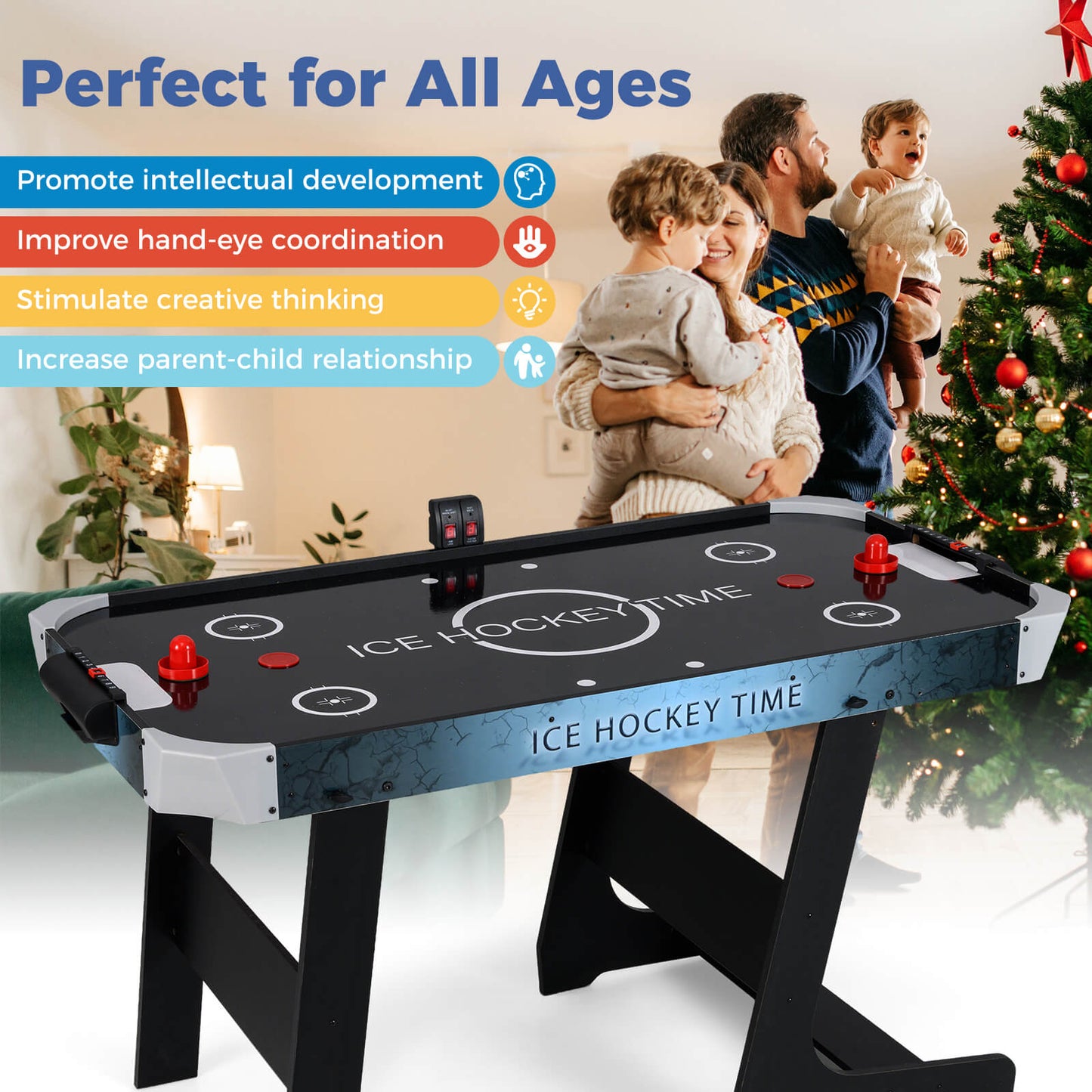 144 CM Foldable Air Hockey Table with 2 Pucks for Kids and Adults-Black
