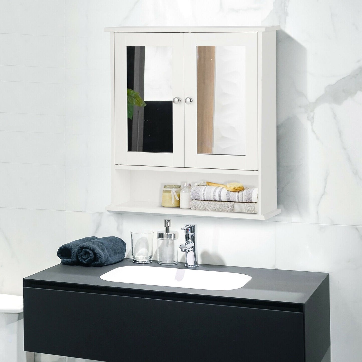 Wooden Hanging Medicine Organizer with Mirror and Adjustable Shelf-White