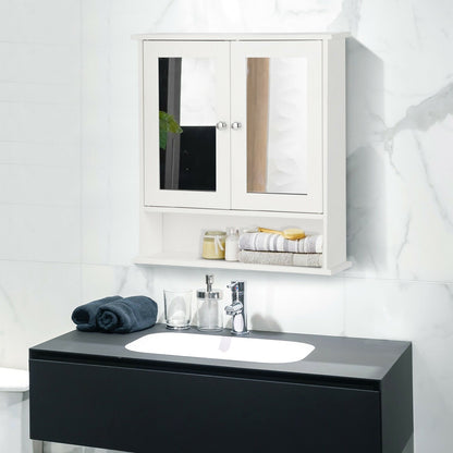Wooden Hanging Medicine Organizer with Mirror and Adjustable Shelf-White