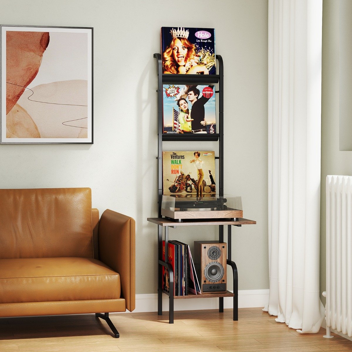 144cm Tall Record Player Stand&nbsp;with Vinyl Storage for Living Room Bedroom-Brown