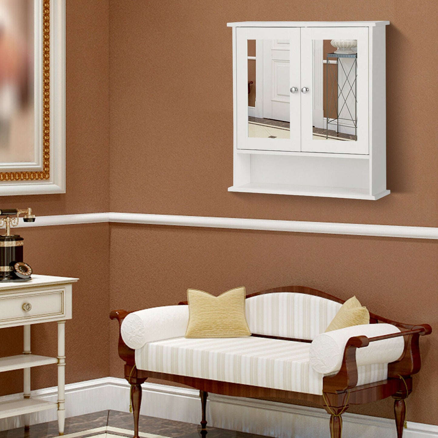 Wooden Hanging Medicine Organizer with Mirror and Adjustable Shelf-White