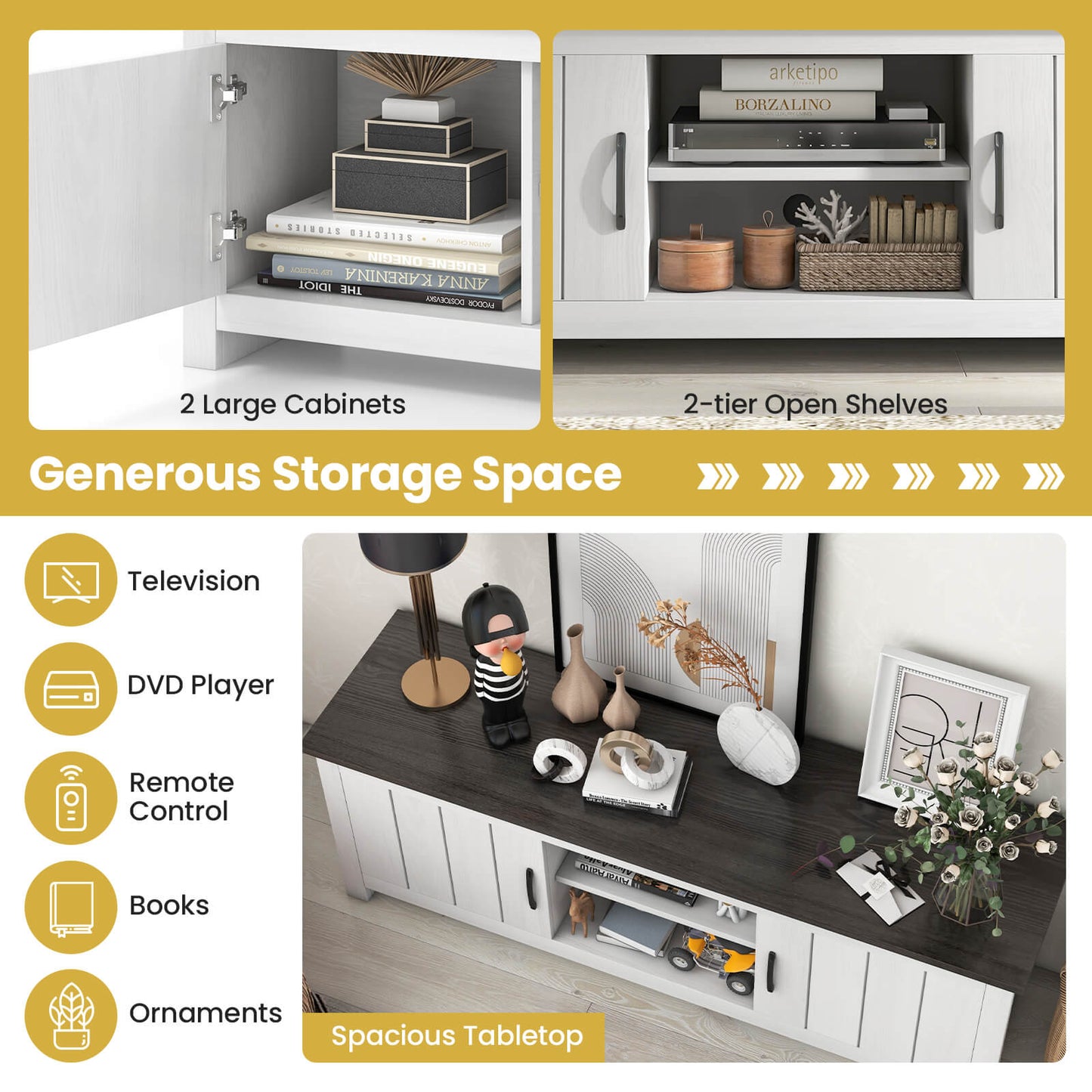 TV Stand with 2 Doors and Storage Shelves for TVs up to 65 Inches-Black